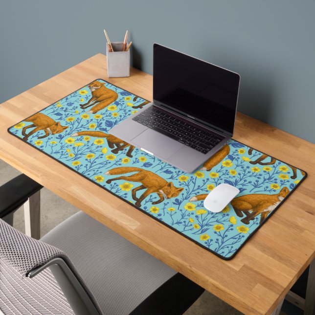 Foxes and buttercups on pool blue desk mat (Office 2)