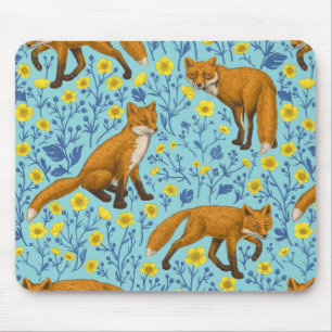 Foxes and buttercups on pool blue mouse pad