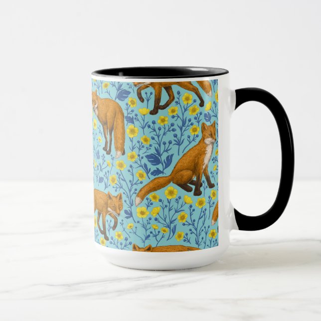 Foxes and buttercups on pool blue mug (Right)