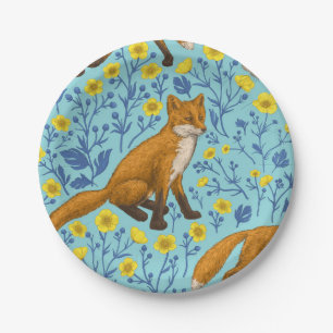 Foxes and buttercups on pool blue paper plate