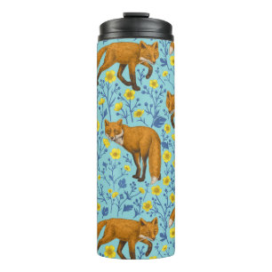 Foxes and buttercups on pool blue thermal tumbler