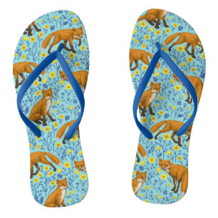 Foxes and buttercups on pool blue thongs