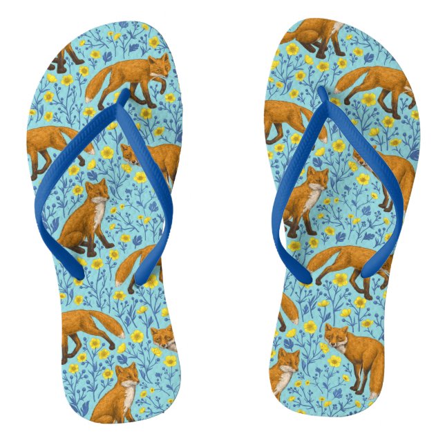 Foxes and buttercups on pool blue thongs (Footbed)