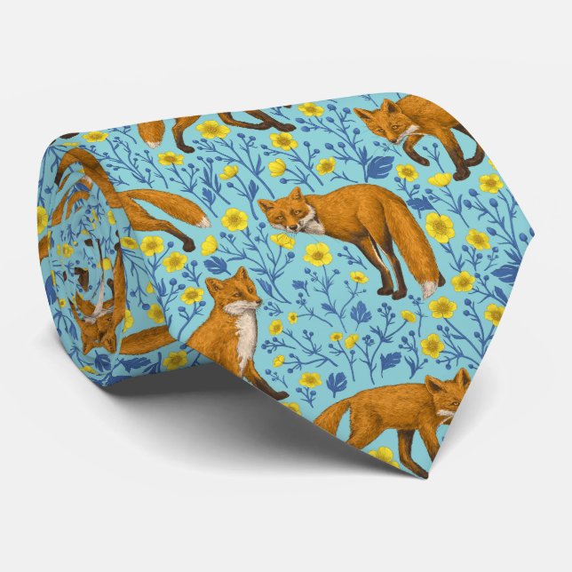 Foxes and buttercups on pool blue tie (Rolled)