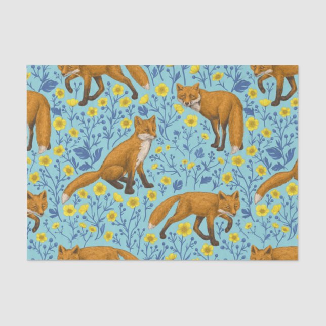 Foxes and buttercups on pool blue tissue paper (Front)