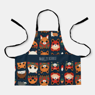 Foxes and cats in the forest Retro Pattern Apron