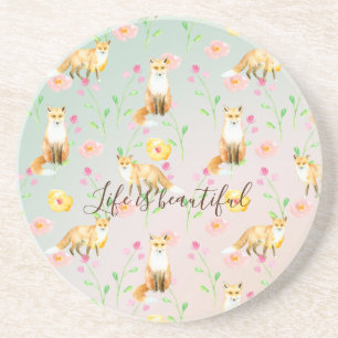 Foxes and Flowers Pink Yellow Mint Ombre Coaster