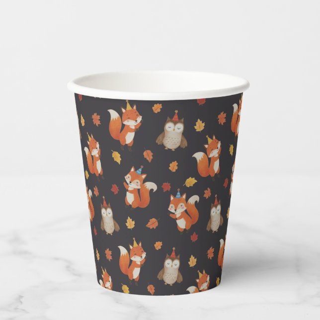 Foxes and Owl Woodland Fall Kids Birthday  Paper Cups (Front)