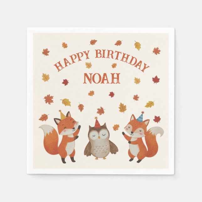 Foxes and Owl Woodland Fall Kids Birthday Party Napkin (Front)