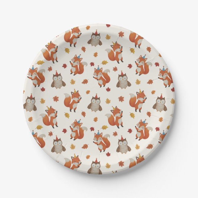 Foxes and Owl Woodland Fall Kids Birthday Party Paper Plate (Front)