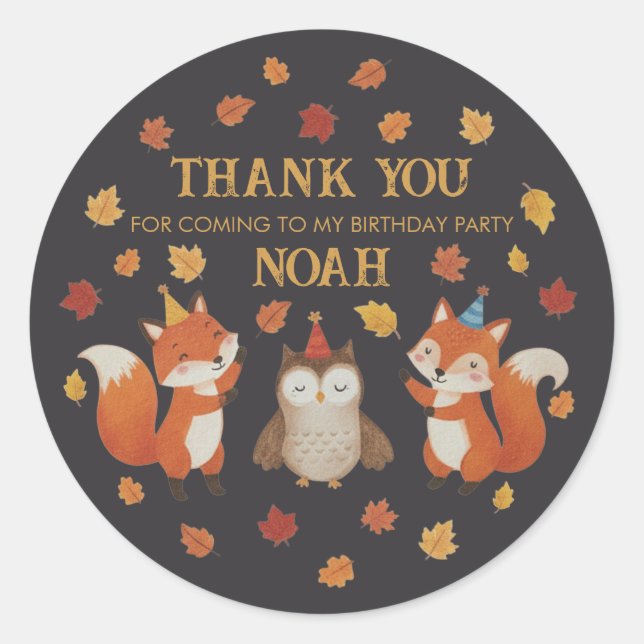 Foxes and Owl Woodland Fall Kids Birthday Sticker (Front)
