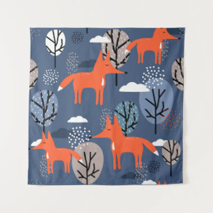 Foxes and trees, hand drawn backdrop. Colorful sea Tapestry