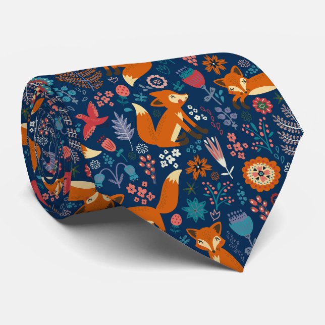 Foxes Birds & Retro Flowers Pattern Tie (Rolled)