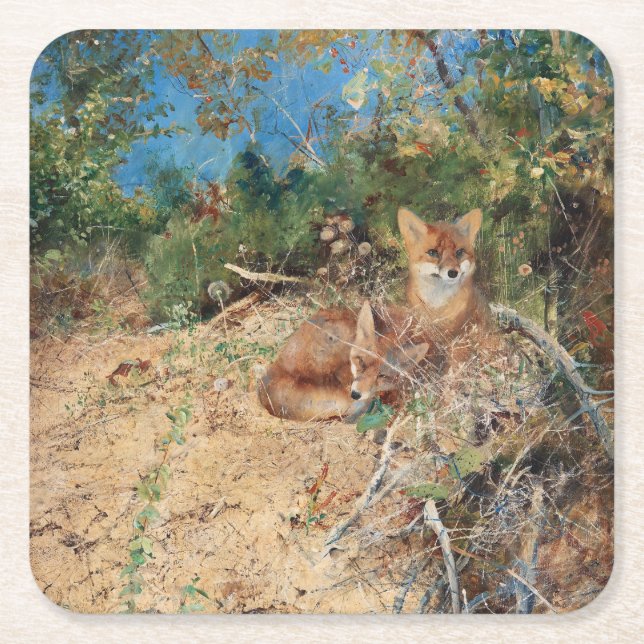 Foxes, Bruno Liljefors Square Paper Coaster (Front)