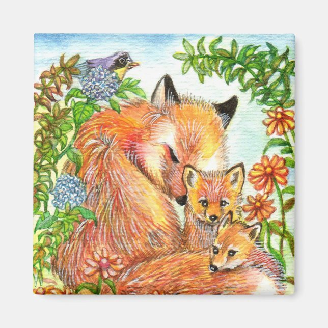 Foxes Cuddling In Flower Patch Magnet (Front)