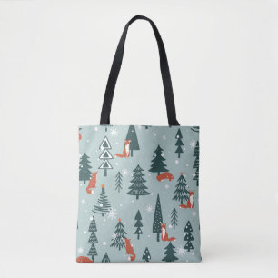 Foxes, fir-trees, snow, hand drawn. Colorful seaml Tote Bag