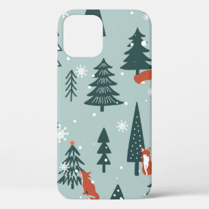 Foxes, fir-trees, snow, hand drawn. Colourful seam iPhone 12 Case