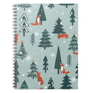 Foxes, fir-trees, snow, hand drawn. Colourful seam Notebook