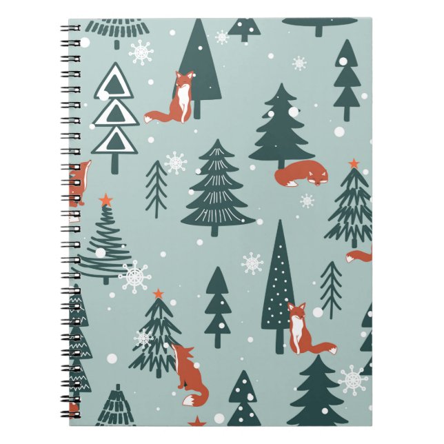 Foxes, fir-trees, snow, hand drawn. Colourful seam Notebook (Front)