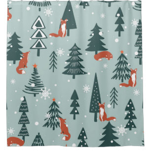 Foxes, fir-trees, snow, hand drawn. Colourful seam Shower Curtain