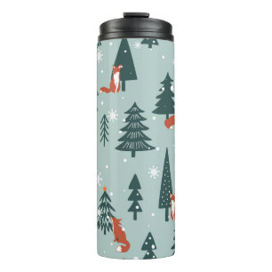 Foxes, fir-trees, snow, hand drawn. Colourful seam Thermal Tumbler