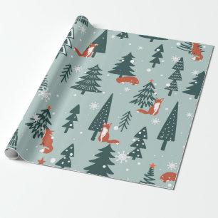 Foxes, fir-trees, snow, hand drawn. Colourful seam Wrapping Paper