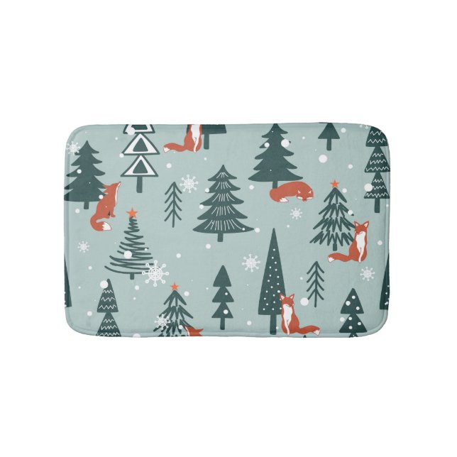 Foxes, fir-trees, winter, colourful pattern bath mat (Front)