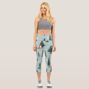Foxes, fir-trees, winter, colourful pattern capri leggings