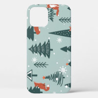 Foxes, fir-trees, winter, colourful pattern