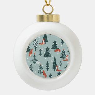 Foxes, fir-trees, winter, colourful pattern ceramic ball christmas ornament