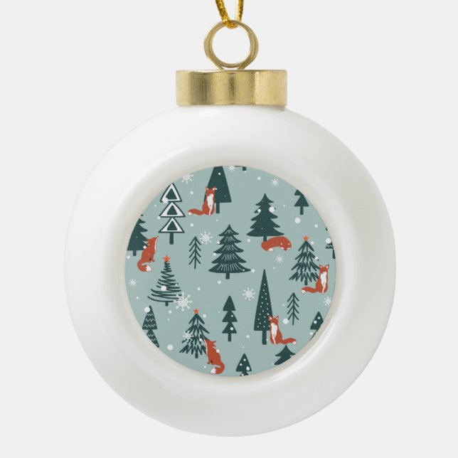 Foxes, fir-trees, winter, colourful pattern ceramic ball christmas ornament (Front)