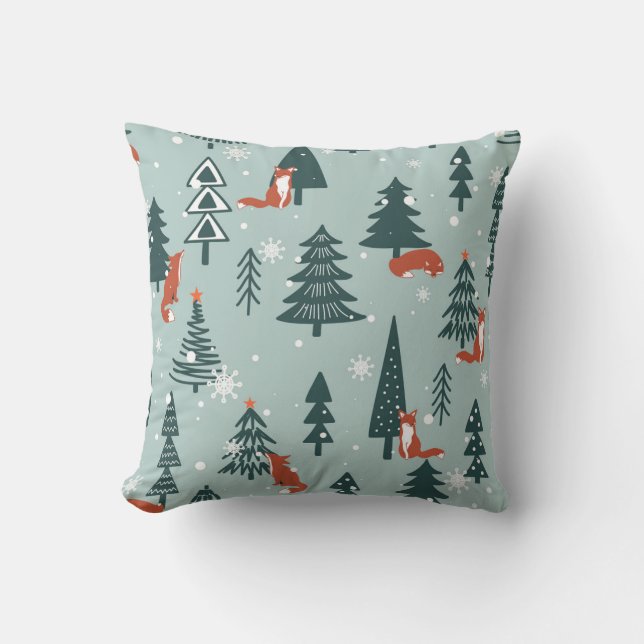 Foxes, fir-trees, winter, colourful pattern cushion (Front)