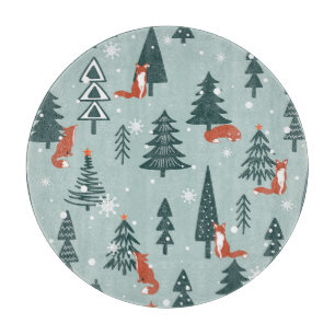 Foxes, fir-trees, winter, colourful pattern cutting board