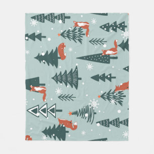 Foxes, fir-trees, winter, colourful pattern fleece blanket