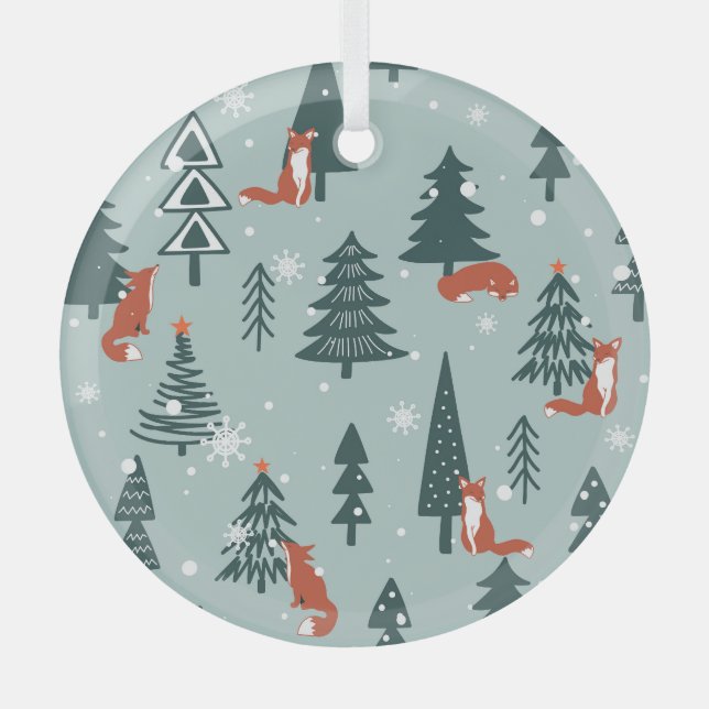 Foxes, fir-trees, winter, colourful pattern glass tree decoration (Front)