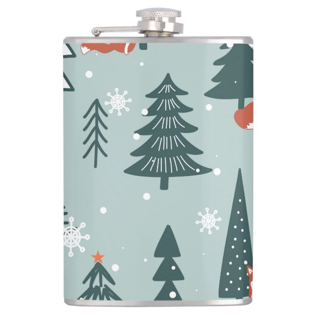 Foxes, fir-trees, winter, colourful pattern hip flask (Front)