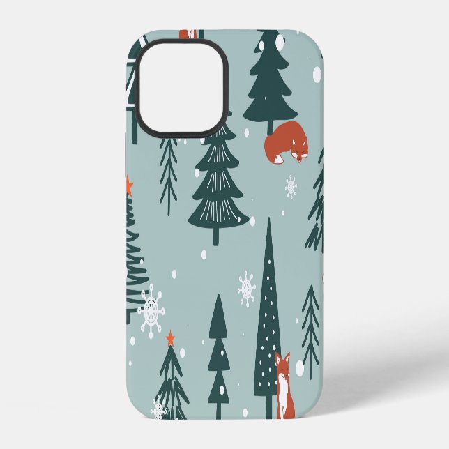 Foxes, fir-trees, winter, colourful pattern iPhone case (Back)
