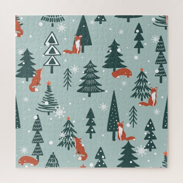 Foxes, fir-trees, winter, colourful pattern jigsaw puzzle (Vertical)