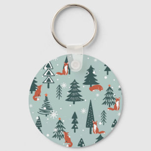 Foxes, fir-trees, winter, colourful pattern key ring