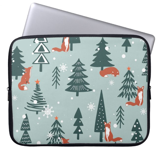 Foxes, fir-trees, winter, colourful pattern laptop sleeve (Front)