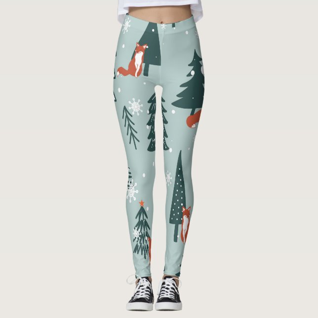 Foxes, fir-trees, winter, colourful pattern leggings (Front)