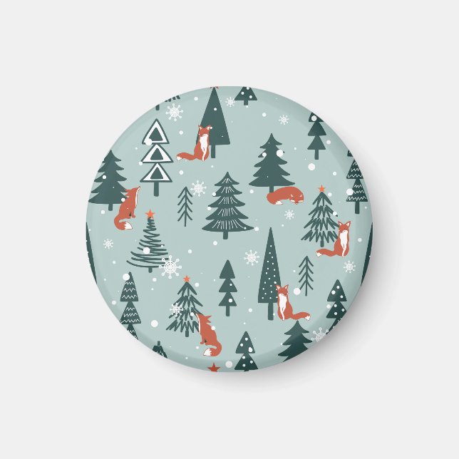 Foxes, fir-trees, winter, colourful pattern magnet (Front)