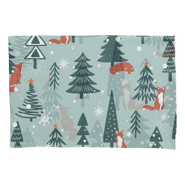 Foxes, fir-trees, winter, colourful pattern pillowcase (Front)