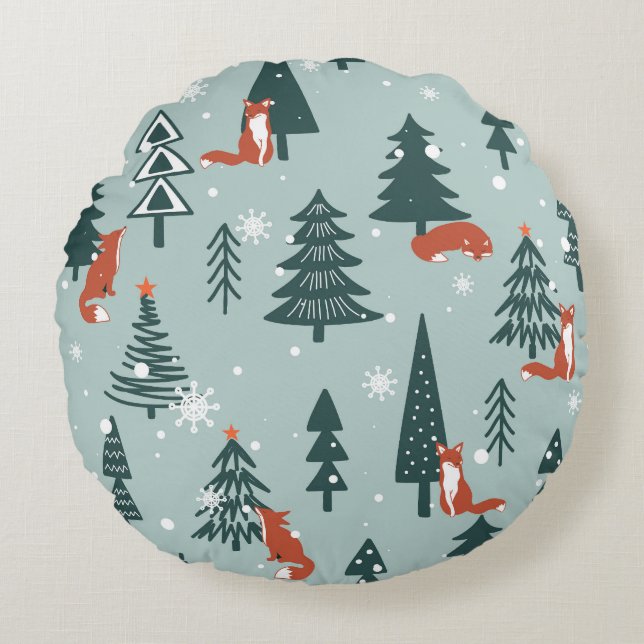 Foxes, fir-trees, winter, colourful pattern round cushion (Front)