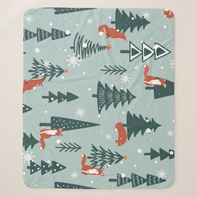 Foxes, fir-trees, winter, colourful pattern sherpa blanket (Front)