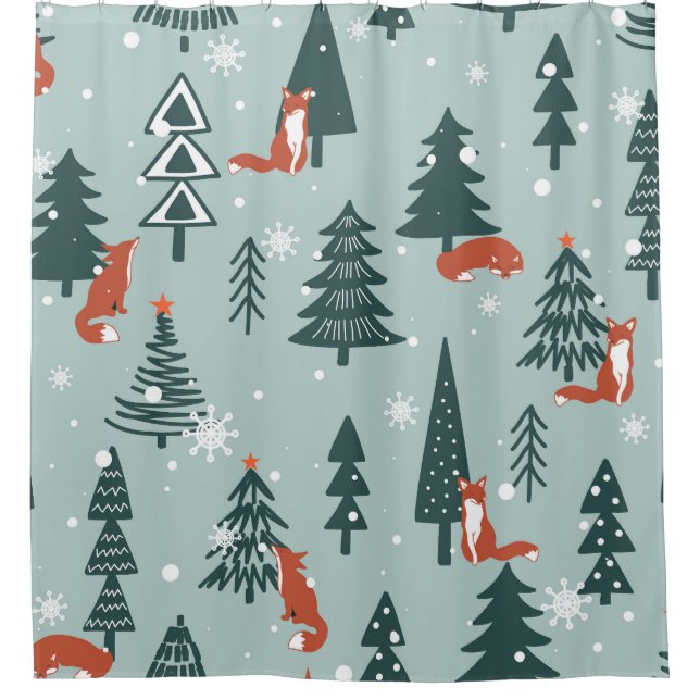 Foxes, fir-trees, winter, colourful pattern shower curtain (Front)