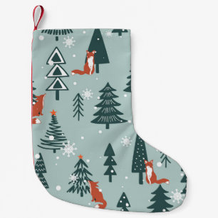 Foxes, fir-trees, winter, colourful pattern small christmas stocking