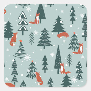 Foxes, fir-trees, winter, colourful pattern square sticker