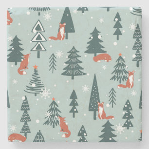 Foxes, fir-trees, winter, colourful pattern stone coaster