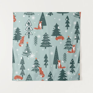 Foxes, fir-trees, winter, colourful pattern tapestry